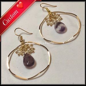 New 14k gold Purple simulated amethyst pearl Beveled hoop boho earrings